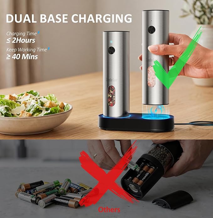 Zadelar Rechargeable Electric Salt and Pepper Grinder Set with USB-C Charging Base, Stainless Steel Automatic Salt and Pepper Shakers, Adjustable Coarseness, LED Light, Large Capacity, Kitchen Gift