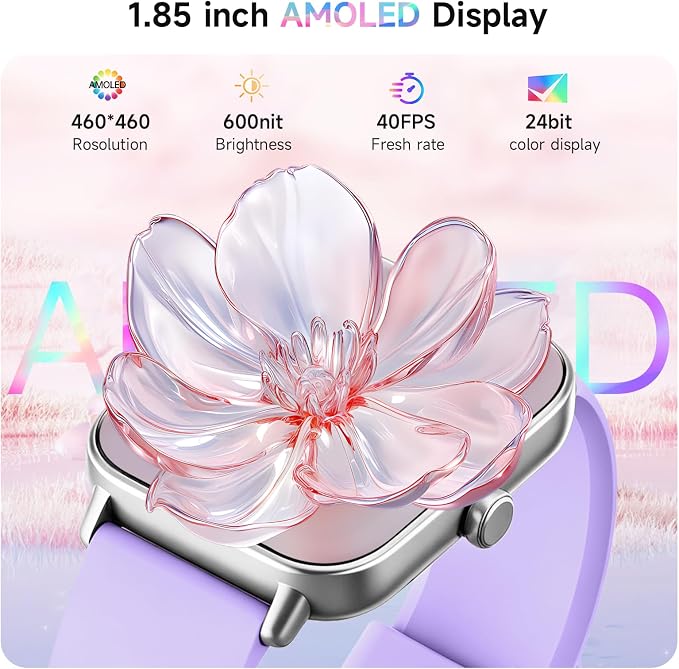 Smart Watch for Women,1.85 inch AMOLED Touchscreen for Android & iPhone Alexa Built-in Bluetooth Calls,Fitness Watch 110+ Sport Modes Heart Rate/Sp02/Sleep/Calories Monitor IP68 Waterproof