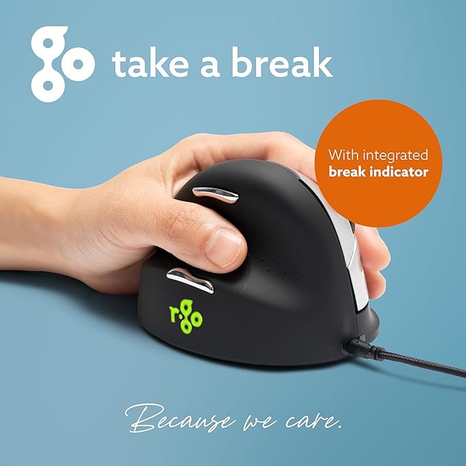 R-Go HE Vertical Ergonomic Mouse, for Large Left-Handed, with Break Software, USB-C Wired, Prevents Tennis Elbow/Mouse Arm RSI, Silent Click, 5 Buttons - Compatible Windows/MacOS, Black/Silver