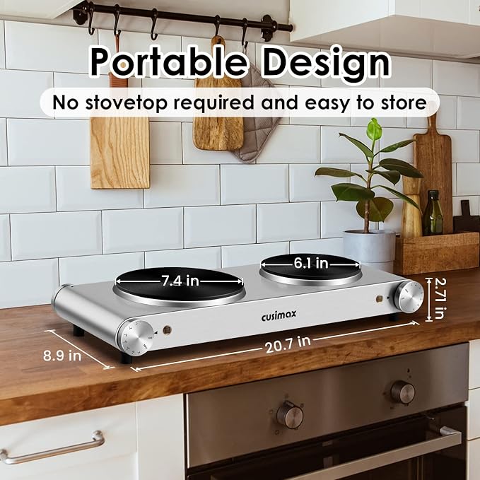 CUSIMAX Hot Plate, Electric Double Burner, 1800W Cast Iron Countertop Cooktop, Portable for Cooking, Compatible for All Cookwares, Easy Clean, Upgraded Version