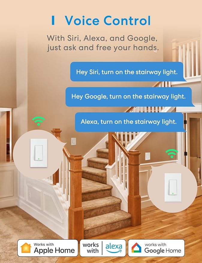 3 Way Smart Switch, Meross Smart Light Switch Supports Apple HomeKit, Siri, Alexa, Google Assistant & SmartThings, 2.4Ghz WiFi Light Switch Neutral Wire Required, Remote Control Timer 2 Pack