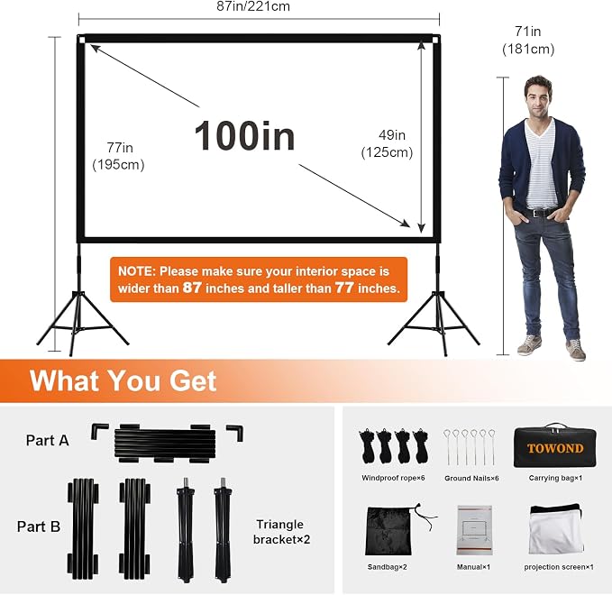 Projector Screen with Stand, Towond 120 inch Outdoor Movie Screen 16:9 HD Front Rear Portable Projection Screen with Carry Bag Wrinkle-Free and Foldable Design for Soccer Match Viewing Parties