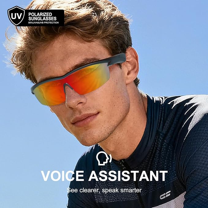 Bluetooth Audio Smart Glasses for Cycling Running Driving | Polarized Sports Sunglasses with Open-Ear Speakers, Hands-Free Calls, Voice Assistant, UV Protection, IPX5 Waterproof for Hiking Fishing