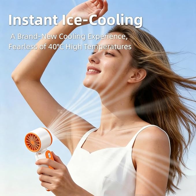 Handheld High Speed Turbo Ice Fan,with Semiconductor Ice Cooling,199 Speed/26550RPM,6000mAh USB Rechargeable,3-in-1 Mini AC Fan(Hand/Neck/Desk),Portable Personal Fans for Outdoor Travel Beach(Orange）
