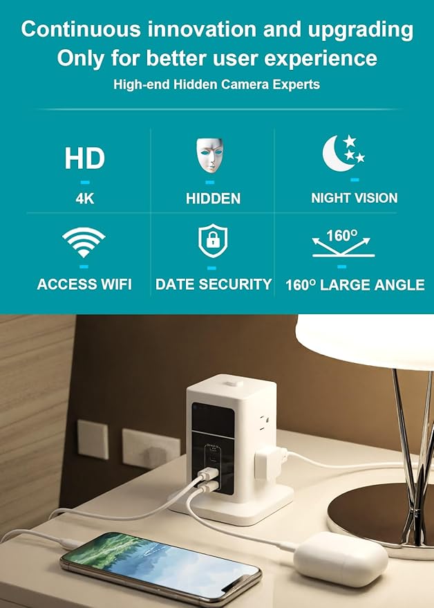 TOQI 160° Angle 4K HD Charger Camera with Night Vision,WiFi Power Strip Spy Hidden Camera, Wireless Hidden Cameras Spy Security Wall Outlet WiFi Camera Indoor Cam for Home Security