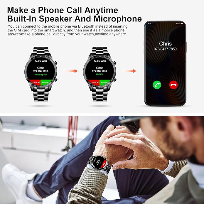 Men Smart Watch for Android iOS, Bluetooth Calls Voice Chat with Heart Rate/Sleep Monitor Fitness Tracker, 1.3" Full Touch Screen IP67 Waterproof Stainless Steel Activity Tracker for Men