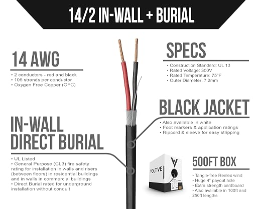 Voltive 14/2 Speaker Wire, in-Wall CL3 & Direct Burial, Black, 500ft - 14AWG, 2 Conductors, Stranded Oxygen-Free Copper, UL Listed - V-1208-5