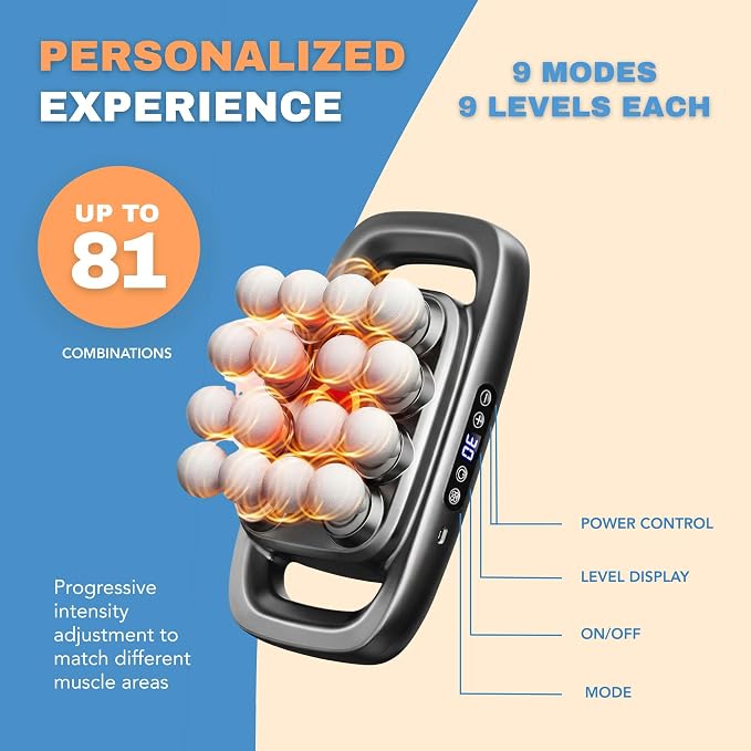 KS SHOP® 16 Head Back Massager Deep Tissue | 9 Modes & 9 Levels (81 Combinations) | 35mm Amplitude 50KG Thrust | Quiet 45dB | Type-C Rechargeable Body Massage Gun for Full Body Relief