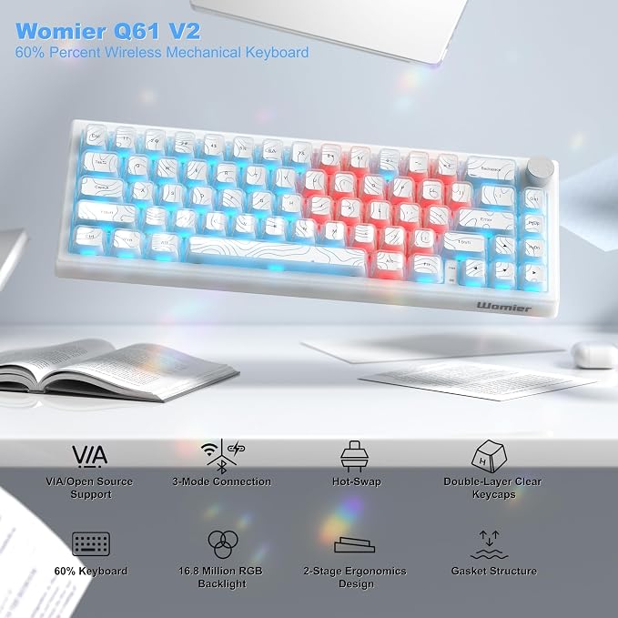 Womier 60% Keyboard Gaming, Wireless Mechanical Creamy Keyboard with QMK/VIA, Topographic Hot-Swappable BT5.0/2.4G/USB-C RGB Key Board Double-Layer Clear Keycaps for Mac/Win/Gaming (Q61 V2)