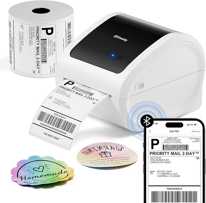 Bluetooth Shipping Label Printer with 1 Roll Labels - D520BT Thermal Label Printer, Thermal Printers with Built-in Label Holder, Come with 500PCS 4x6‬ White Labels (500 Labels/Roll)