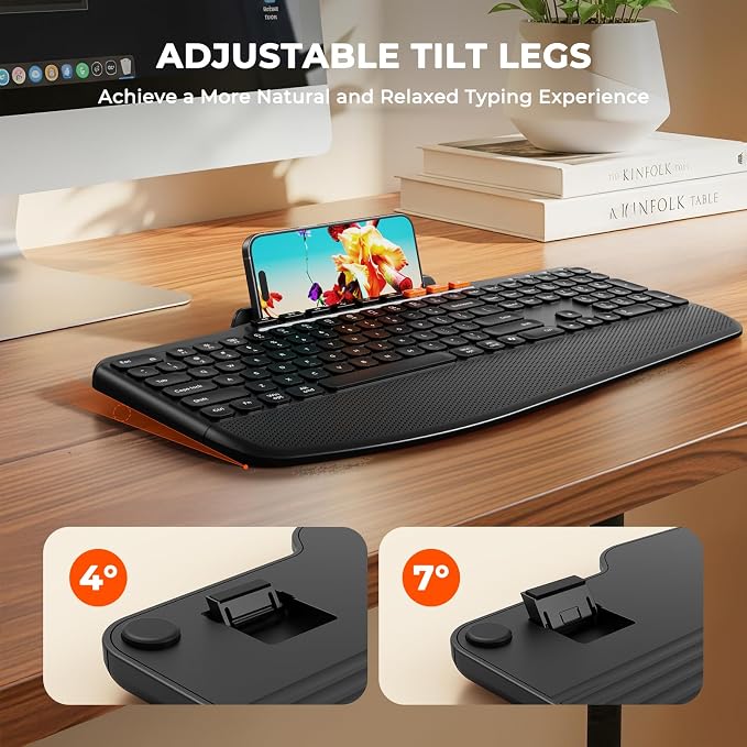 MEETION Wireless Keyboard and Mouse Combo, Ergonomic Keyboard with Wrist Rest, Tablet Holder, Scissor Keys USB/Bluetooth Rechargeable Keyboards, 4DPI Mouse, for Windows/Mac/PC/Laptop/Phone/Tablet