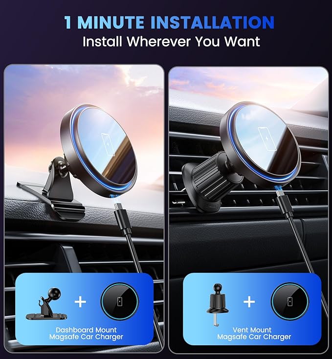 Magnetic Wireless Car Charger - Car Mount Charger for iPhone 17Pro Accessories,Magnetic Phone Holder for iPhone 16Pro Max/16e/15/14/13/12