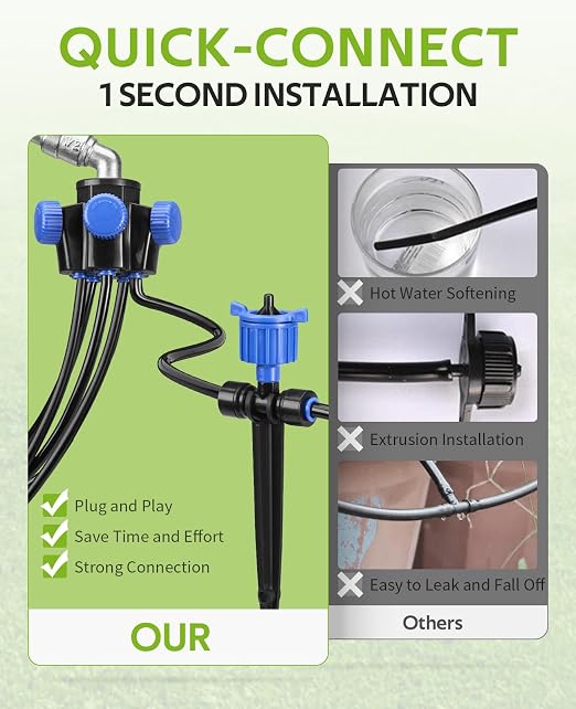 HIRALIY 100FT Pressure Compensating Irrigation System with Garden Timer, New Quick Connector Garden Watering System, Irrigation Kit for Plants, Watering Regularly by Timer