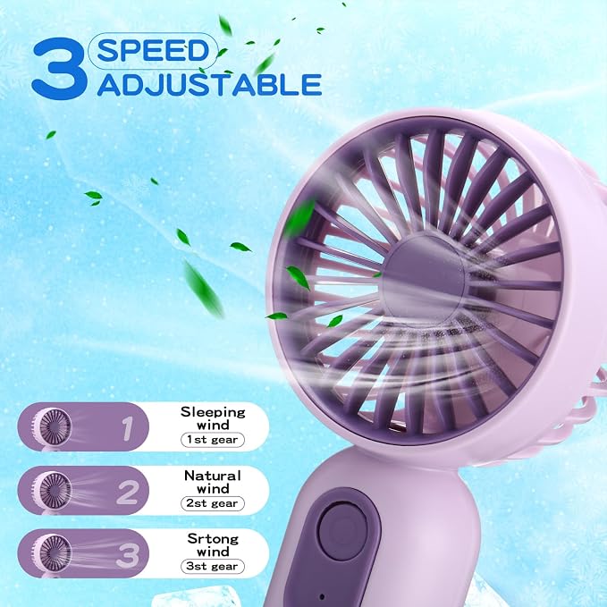 Rossesay 1 Pcs Mini Portable Fan Bulk Cute Handheld Lightweight Small Little Personal Hand Eyelash Fan 3 Speeds USB Rechargeable for Women Men Indoor Outdoor Makeup Travel (Purple)