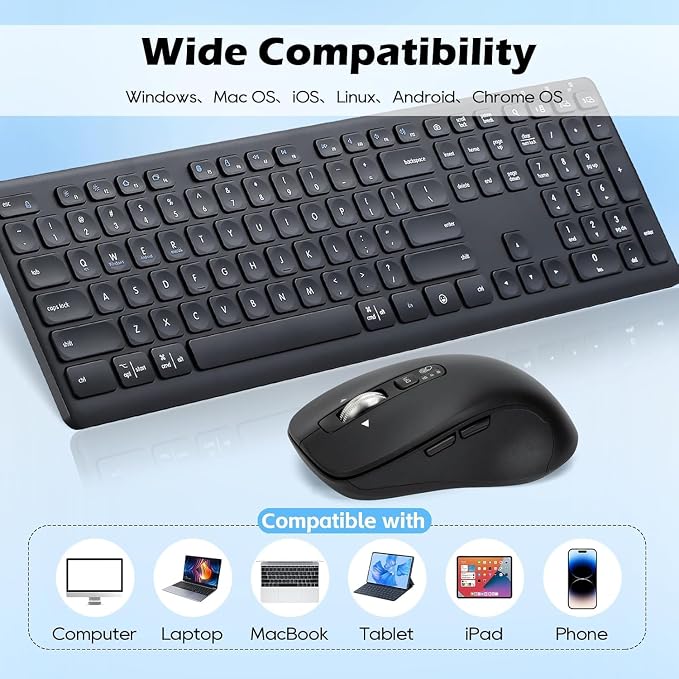 CITLLA Wireless Keyboard and Mouse Combo, Scissor-Switch Keys, 2-in-1 USB Receiver and Two Bluetooth, Multi Device Silent Design for Computer, Laptop, MacBook and iPad (Pure Black)