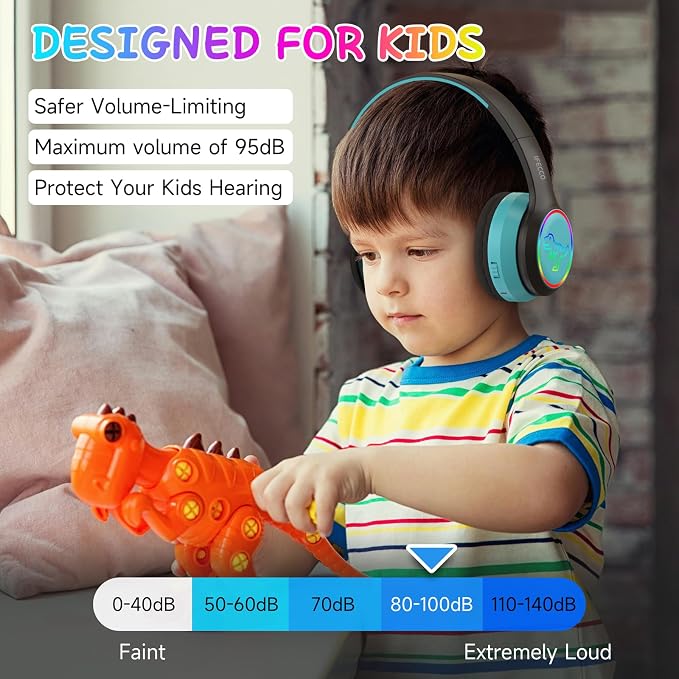IFECCO Wireless Kids Boys Headphones with Microphone,Cute Light Up Dinosaur Children Boys Bluetooth Headphones with Case for School Travel Gifts