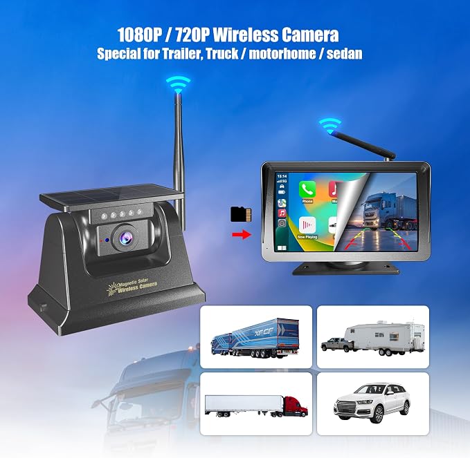 7'' Radio Stereo Carplay Android Auto, Magnetic Solar Power,Wireless Bluetooth Back up Reverse Rear View Camera forRV rigtrailer Tractor Trailer Truck GPS Navavigation Multi Media Player