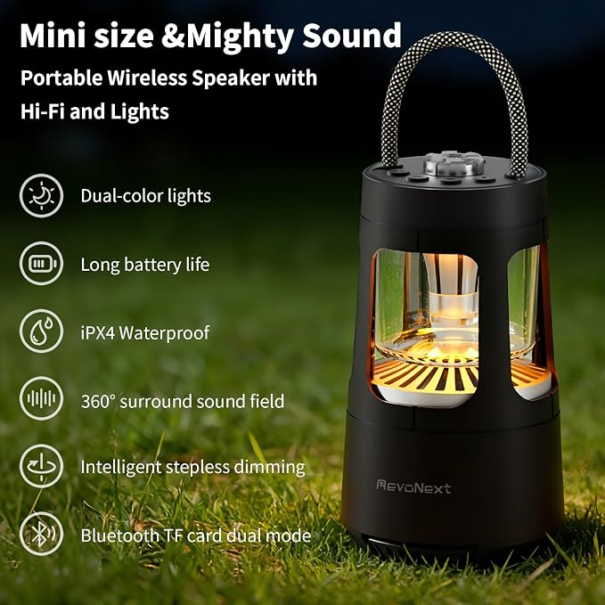 Revonext Camping Lantern Bluetooth Speaker, Outdoor Waterproof Wireless Speaker with Dual-Color Ambient Light, Bluetooth 5.3 Portable Speaker with TWS Stereo for Camping Hiking Patio Backyard