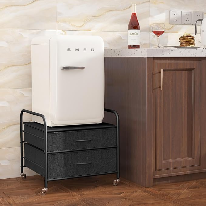EazeHome Mini Fridge Stand with Storage, Mini Fridge Stand, 2 Drawer Dorm Fridge Cart, Organizer Unit for Mini Fridge, Fridge Stand Table, Mini Fridge Table with Swivel Wheels, Black