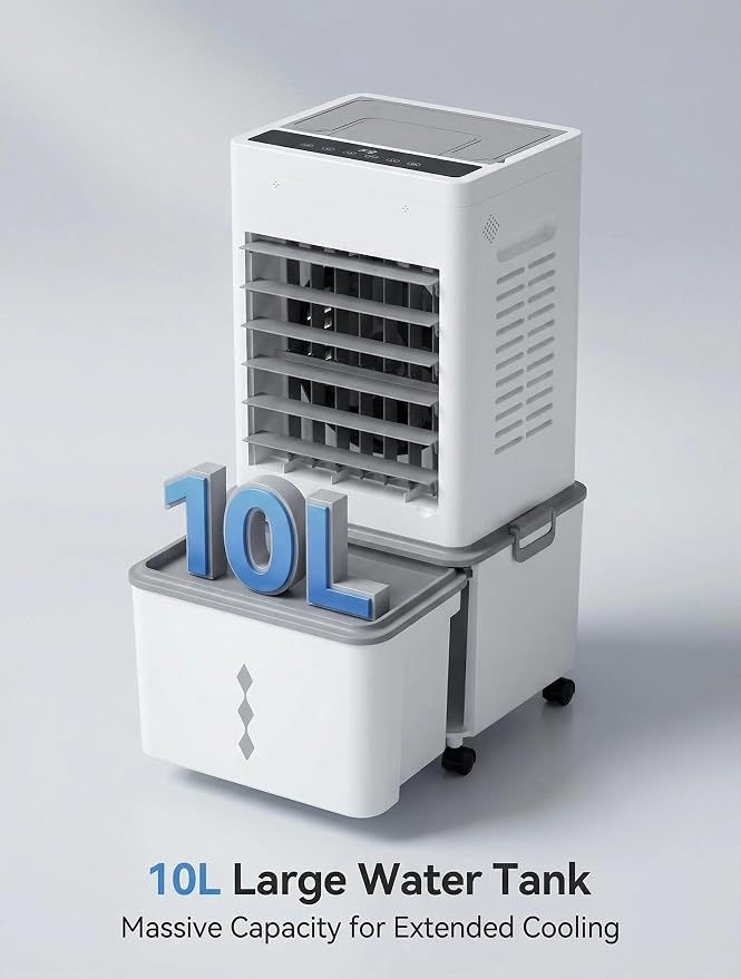 Grelife Evaporative Air Cooler with 10L(2.64 Gal) Large Tank,8 Speeds & 3 Wind Modes, 80° Oscillation,24H Timer,Remote Control,LED Display, Mist & Humidifier Function for Home Office Bedroom white