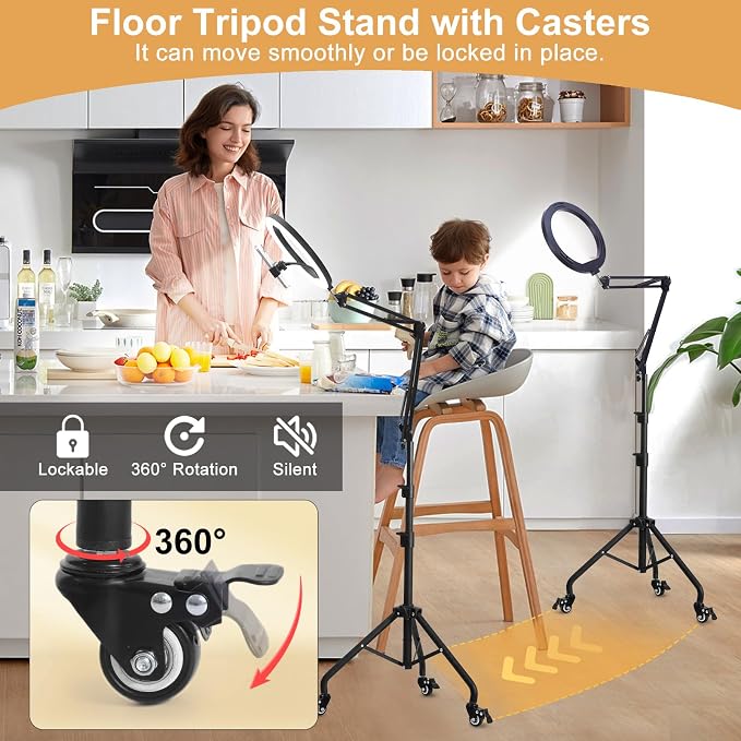 Yoobao 12" Ring Light with Stand, 81" Tripod with Overhead Foldable Arm, Phone Mount & Casters, 3 Light Modes & 10 Brightness, LED Selfie Light for Live Streaming YouTube TikTok Photography