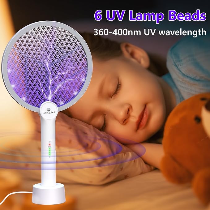 Bug Zapper Racket, 2 in 1 Mode Electric Fly Swatter USB Rechargeable, 4000V Electric Fly Zapper with 3 Layer Safety Mesh, Indoor Outdoor Electric Racket for Kitchen, Bedroom, Camping