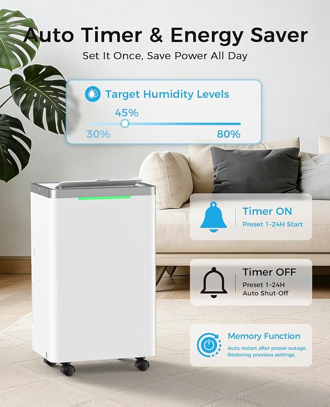 34 Pints Dehumidifier for Basement with Drain Hose, 2500 Sq.Ft, 38dB Quiet | 24HR Timer, 3-Color Indicator, Auto Defrost, Child Lock, for Home Bedroom Bathroom