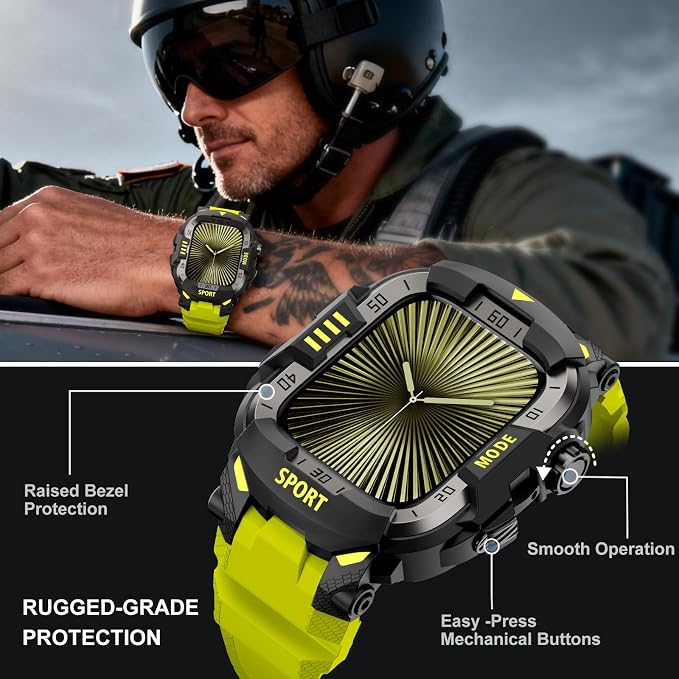 DABAOZA Rugged Case with Band Compatible with Apple Watch 46mm, for iWatch Series 11/10,Military Grade Shockproof Bumper and Men's Tactical Heavy Duty Strap(Fluorescent Green,46MM)