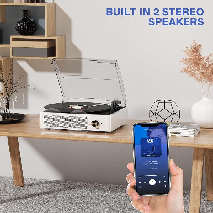 Vinyl Record Player with 2 Stereo Speakers Belt-Driven Vintage Turntables 3 Speed 3 Size Wireless Bluetooth Playback AUX-in RCA Out Headphone LP Vinyl Players Auto Stop Pale Silver