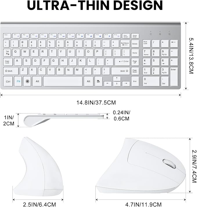 2.4GHz Wireless Vertical Ergonomic Mouse and Keyboard Combo Ultra-Thin Portable Size for PC Desktop Computer Laptop Mac Tablet (A) (Right) (White)