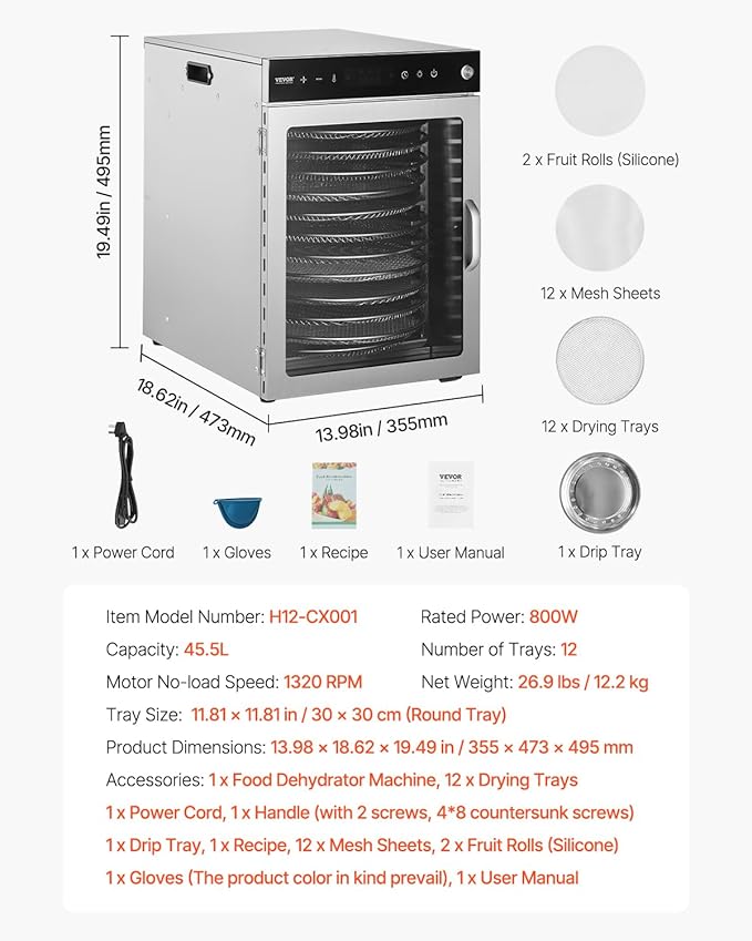 VEVOR Food Dehydrator Machine, Rotary 12 Stainless Steel Trays, 800W Electric Food Dryer with Adjustable Temp & 24-Hour Timer, Food-Dehydrator for Jerky, Meat, Fruit, Vegetables, Herbs, Dog Treats