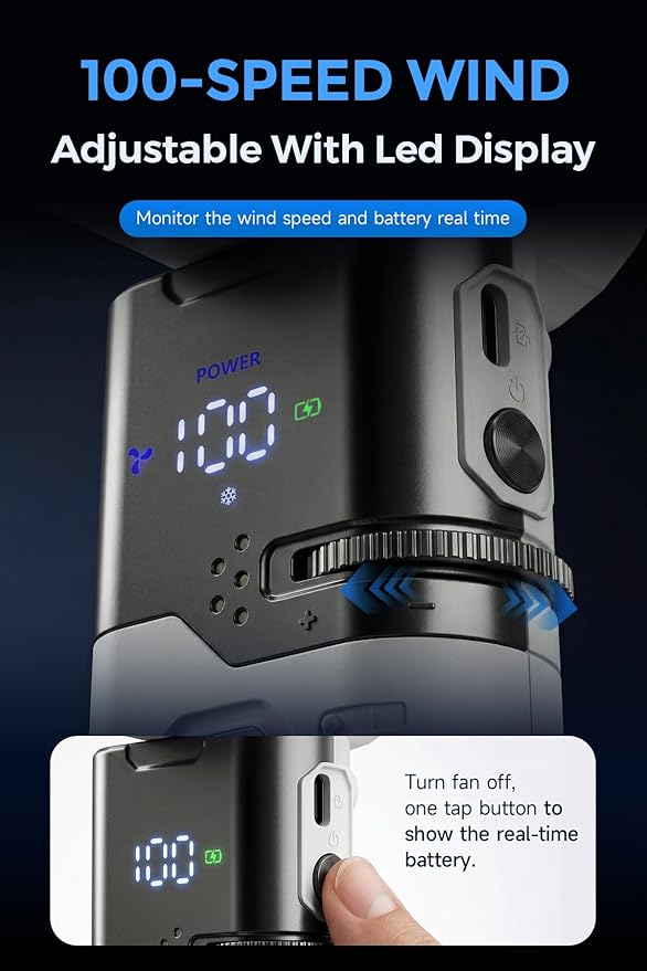 Elecshion Portable Handheld Fan, Cold Spot, Retractable USB-C Cable, 6000mAh Rechargeable Personal Turbo Fan, Powerful 100-Speed Wind, LED Display,135° Adjustable-Cooling on Table/Neck/Travel/Camping