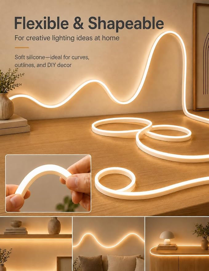 Neon Light Strips, Warm White Dimmable LED Strip Lights, 16.4ft/5m Flexible Waterproof LED Neon Rope Lights DIY LED Strip Lights for Gaming Bedroom Outdoor Decor (Power Adapter Included)