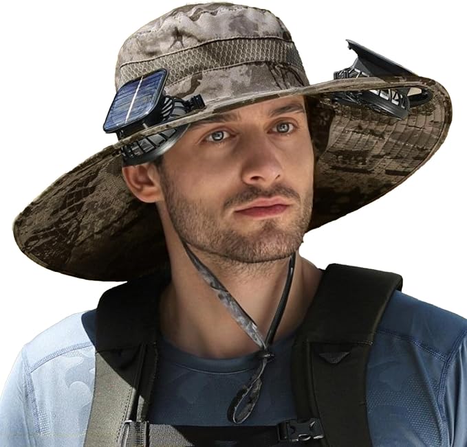 Outdoor Wide Brim Sun Hat with 2 Solar Powered Fan, Bucket Hat for Men Women, Fishing, Gardening & Beach Hat for Men
