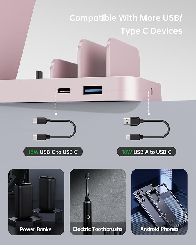 Wireless Charger for Samsung: 5 in 1 Samsung Wireless Charging Station for Galaxy S26Ultra/S25/S24, Charger Dock Stand for Galaxy Watch8/7/6/5, Android Charging Station for All USB-C Buds, Pink
