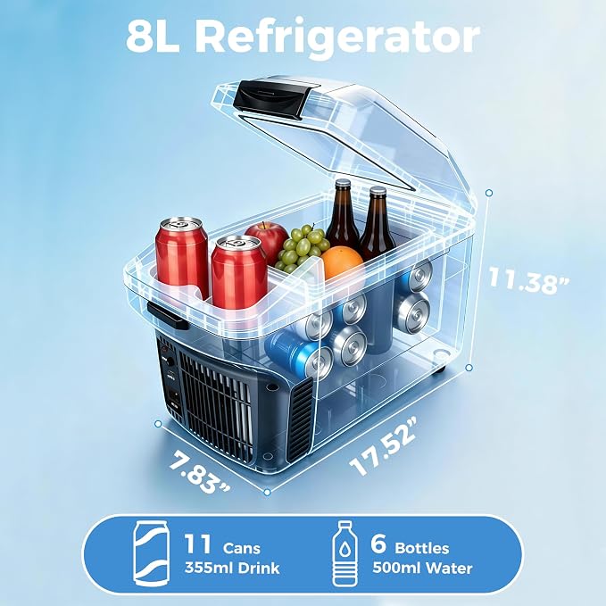 Iceblue Electric Cooler with Type-C, 8 Liter /11 Cans Mini Fridge with Belt, 9V Type-C Thermoelectric Dual-use Car Refrigerator, Car Fridge for Car, Dorm, Travel, Picnic, Gift (Black)