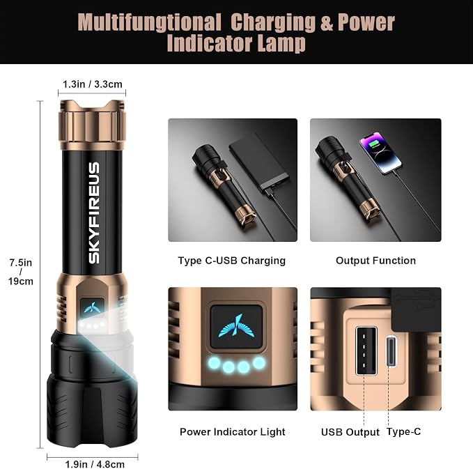 SKYFIRE Rechargeable Flashlight High Lumens,8000mAh Super Bright Flashlight,Zoomable,4 Modes,Waterproof LED Flash Light for Camping Essentials,Outdoor and Home Emergencies-No Lens