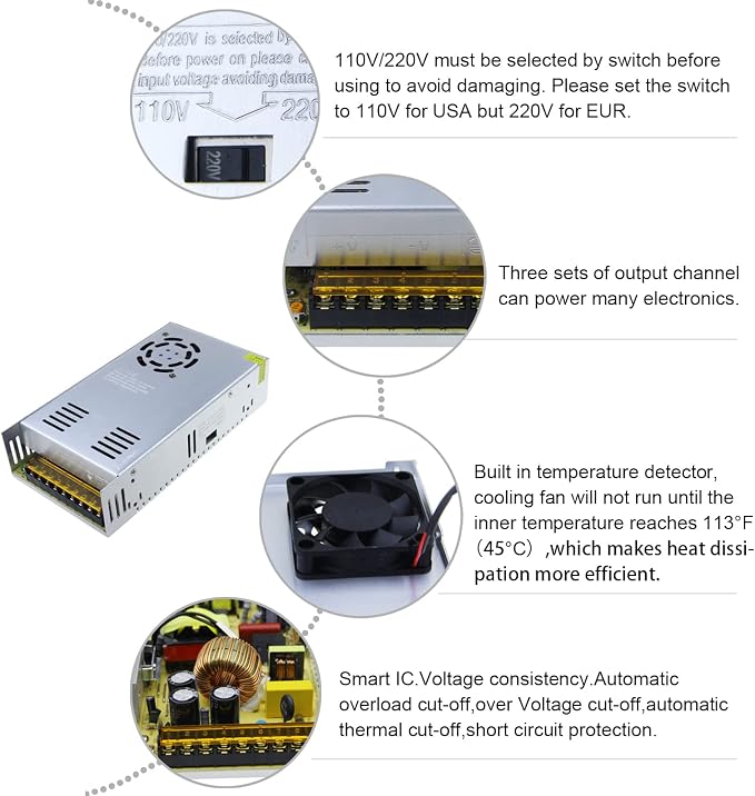 ALITOVE AC 110V/220V to DC 12V 30A 360W Universal Regulated Switching Power Supply Transformer Adapter LED Driver for LED Strip, CCTV Camera System, Radio (5 Pack)