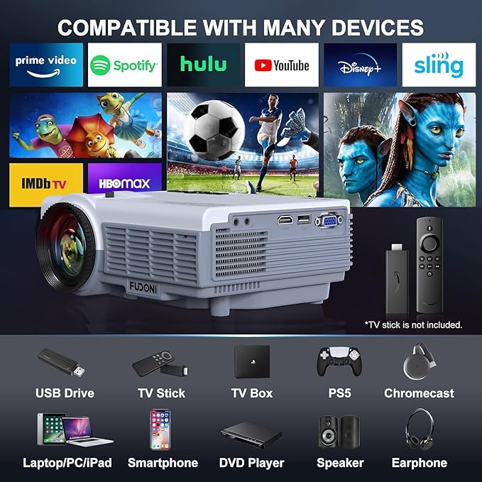 FUDONI Projector with 5G WiFi & Bluetooth, Native 1080P 18000L Portable Movie Projector for Home Theater Outdoor, Built-in Speaker, Compatible with HDMI, USB, AV, Fire Stick, Laptop, iOS, Android, PS5