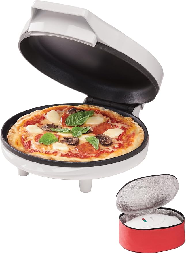 Betty Crocker 8" Travel Pizza Maker Plus, Indoor Electric Grill With Insulated Travel Bag, Nonstick Pan for Pizzas, Quesadillas, Nachos and more, Pizza Machine for Delicious Meals and Snacks, White