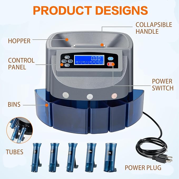 Coin Counter Machine,Coin Sorter Machine with LCD Display,Electric Coin Sorter Sort 270 Coins/Minute,500 Coins Capacity Automatic Change Counter,Applicable for Coins 1¢, 5¢, 10¢, 25¢, 1 Dollar