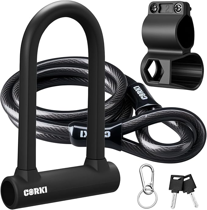 Corki Bike Lock Heavy Duty Anti Theft with 5ft Cable Bicycle U Lock | 17mm Shackle, Hardened Steel, Soft Silicone Outside, Keys and Mounting Bracket Included, For Ebike Scooter Motorcycles