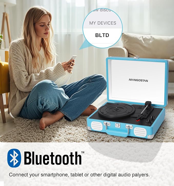 Record Player 3 Speed Bluetooth Portable Suitcase, Vinyl Phonograph with Built-in Bass & Speakers, Belt-Driven LP Player Support AUX-in RCA Line Out Headphone Jack, Blue