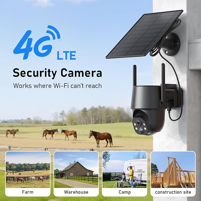 SEHMUA No WiFi Security Camera, 4G LTE Cellular Security Cameras Outdoor Wireless, Built-in SIM Card, Solar Powered, 2K Color Night Vision, 360°View, Instant APP Alerts, IP65