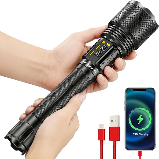 Rechargeable Tactical Flashlight 10,000 High Lumens with USB Output | 70W XHP360 LED Super Bright Zoomable Flashlight, 1,968FT Long Range, IP67 Waterproof for Emergency, Outdoor Camping & Hunting