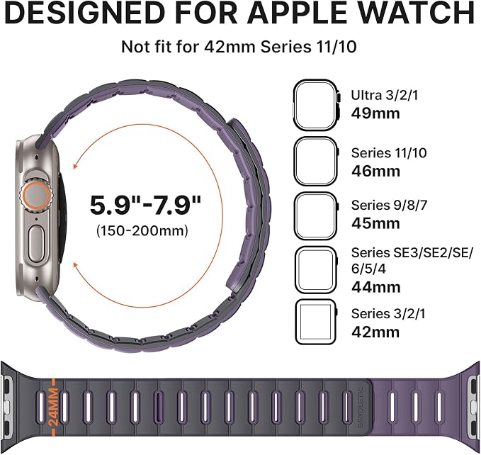 Bandletic Magnetic Straps Compatible with Apple Watch Ultra Band, Soft Comfortable with Two Safety Loops for iWatch Bands 49mm(Ultra3/Ultra2),45mm(9/8/7), 44mm(SE3/SE2/SE/6/5/4), 42mm(3/2/1)