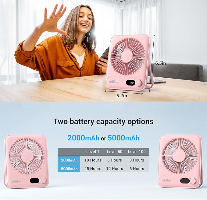 WHATOOK Desk Fan 2 Pack: 100 Speeds Stepless Control 5000mAh Battery Operated Portable Fan, Rechargeable Table Fan for Cruise Ship Essentials, Gift for Couples, Dorm, Office, Bedroom(Pink and Purple)