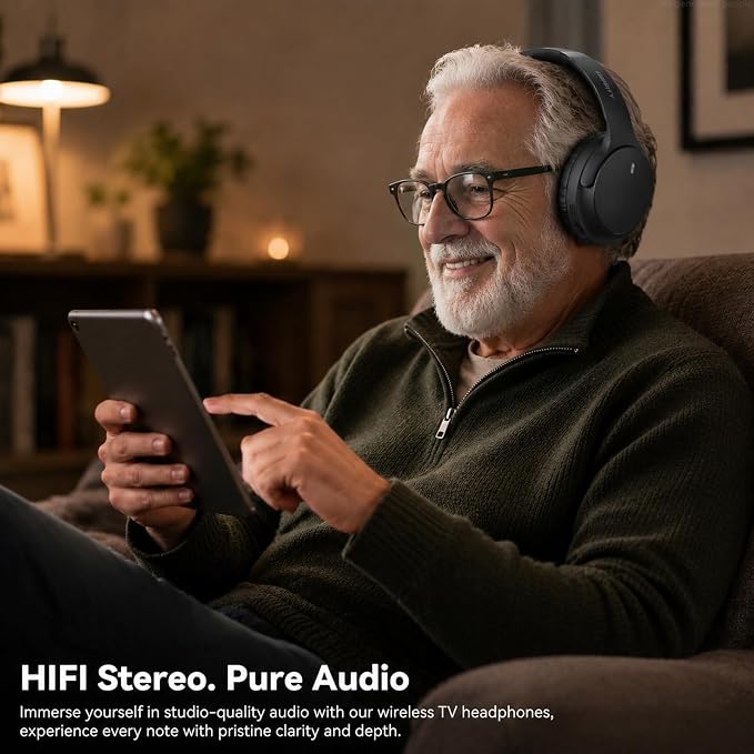 Wireless Headphones for TV Watching, TV Headphones Wireless for Seniors with Versatile Transmitter Charging Dock, Instant Audio Sync, 60-Hour Playtime, Perfect for Parents & Seniors, Black