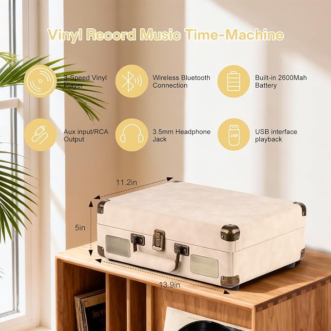 Portable Bluetooth Record Player with USB Playback Rechargeable Battery and Built in Speakers 3 Speed Turntable in Retro Suitcase Design for Home Bedroom or Outdoor Use