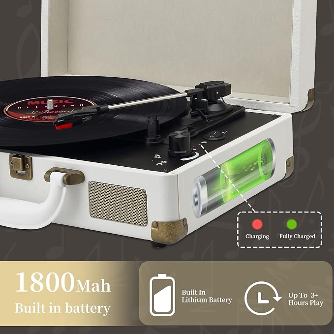 Record Player 3 Speeds Turntable with Bluetooth Built-in Battery Stereo Speakers Vintage Record Player Belt Driven Portable Suitcase PC Recording White